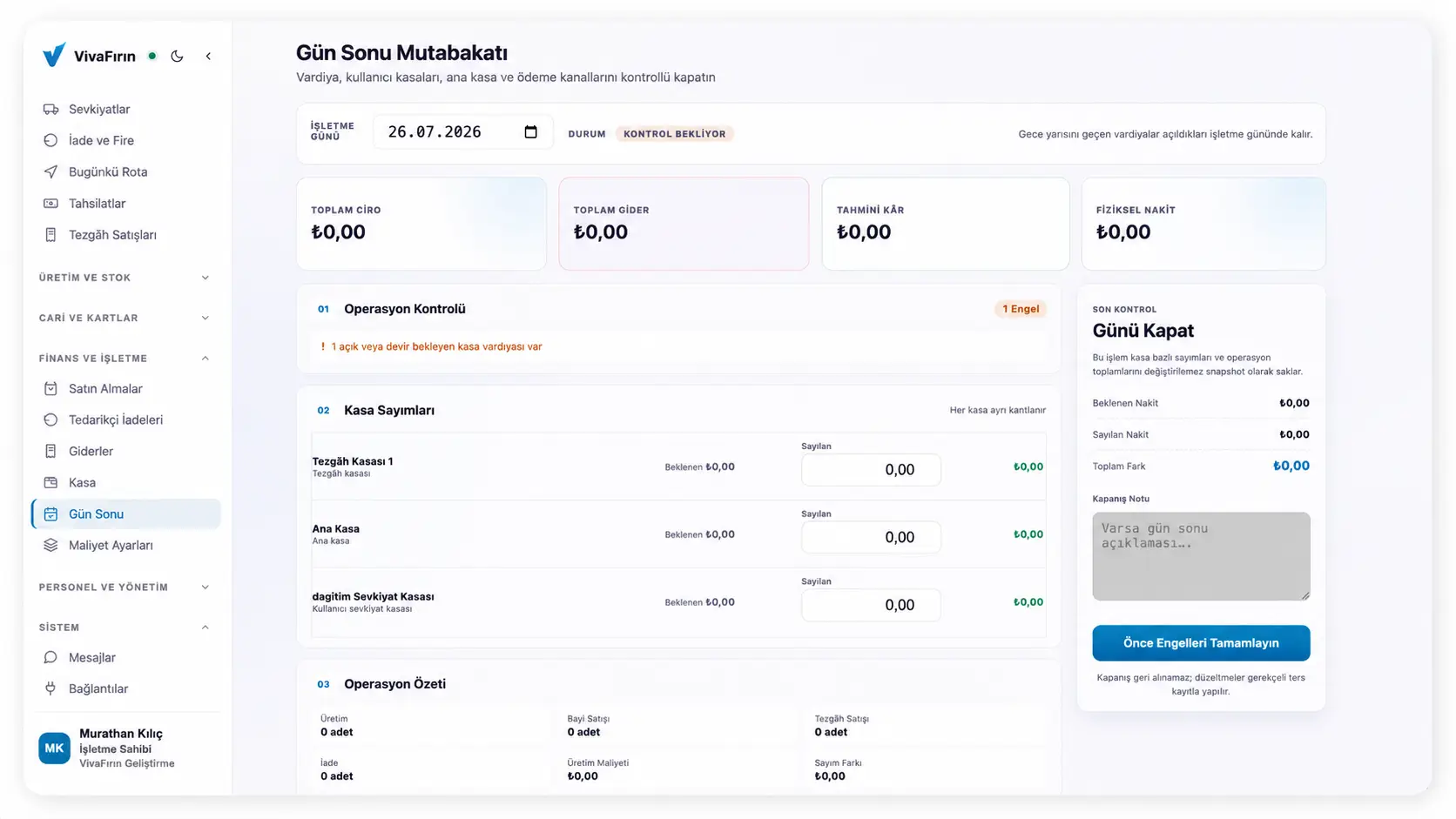 VivaFırın Gün Sonu Mutabakatı ekranı